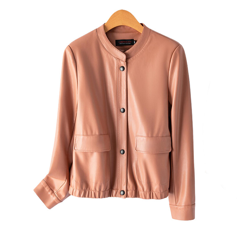 女性のための本革のジャケット,黒い韓国のコート,シングルブレスト,スタンドカラー,実際の革,春,100%