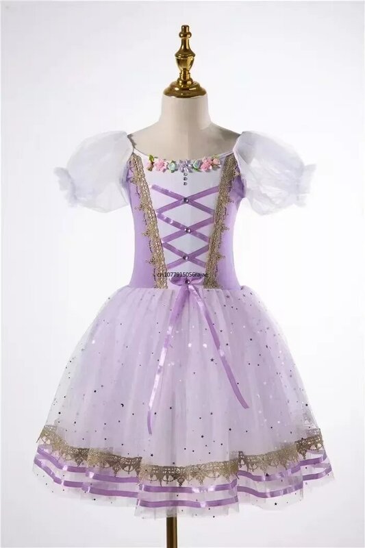 Gaun balet panjang, Gaun Tutu balet profesional ungu, Gaun balerina klasik, gaun dansa performa, gaun putri wanita