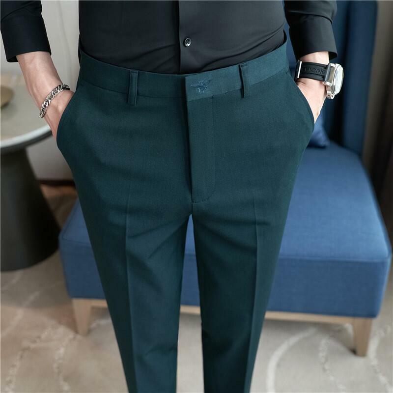 Pantalones formales de negocios bordados para hombre, traje de oficina ajustado de estilo coreano, ropa de calle de alta calidad, pantalones tobilleros, verano, 2024