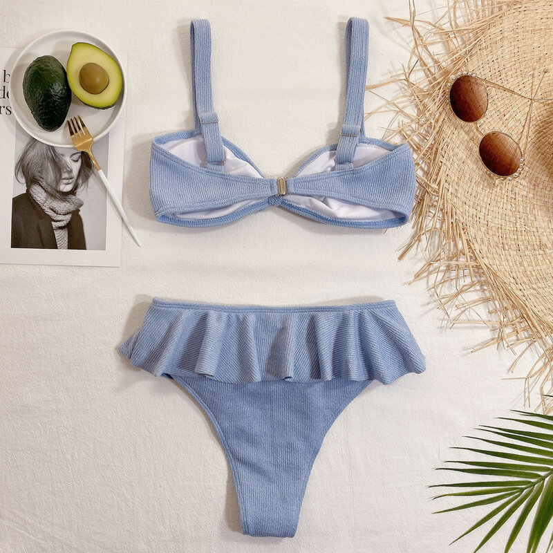 Bikini de punto con volantes para Mujer, traje de baño anudado Sexy, conjunto de Bikini para playa, color azul cielo, 2023