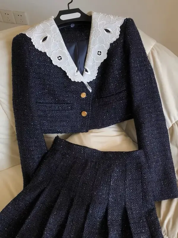 Jaqueta de tweed de fragrância pequena para mulheres, casaco vintage e saia, moda de rua alta, francês, outono, inverno, conjunto 2 peças