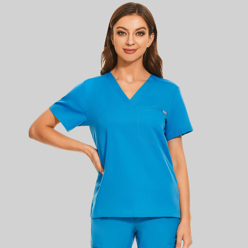 Men Women Nursing Hospital Blouse Short Sleeve V-neck Scrub Tops With Pocket Shirt Unisex Work Wear Uniform Blouses