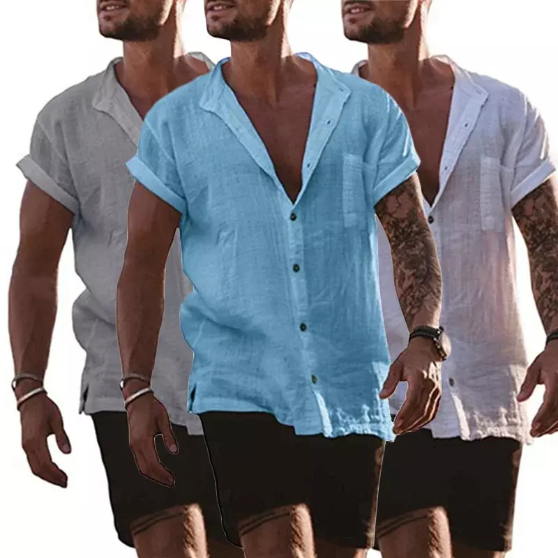 Male Short Sleeve Shirts Cotton Linen Shirts Blouses for Men Loose Business Normal Social Top Formal Dress Shirt Mens Clothing