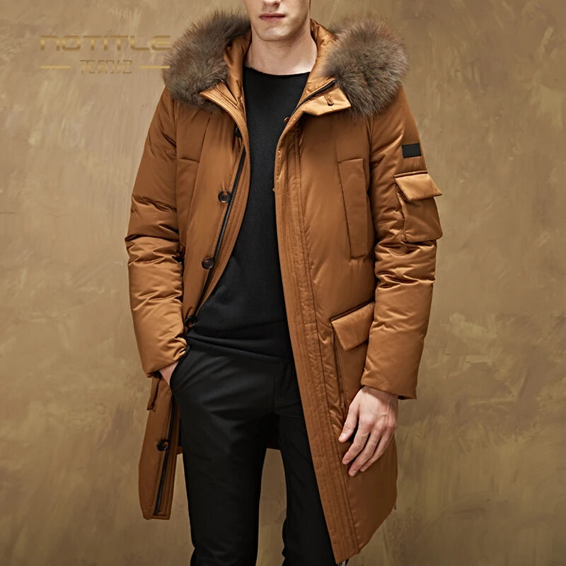 Зимняя мужская куртка средней длины 90% белый гусиный пух с большим меховым воротником мужская зимняя куртка