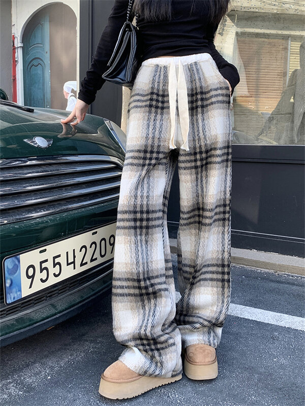PLAMTEE 2024 Plaid High Street Loose Trousers Women Chic Vintage Plush Wide Leg Straight Winter Daily Casual Office Lady New