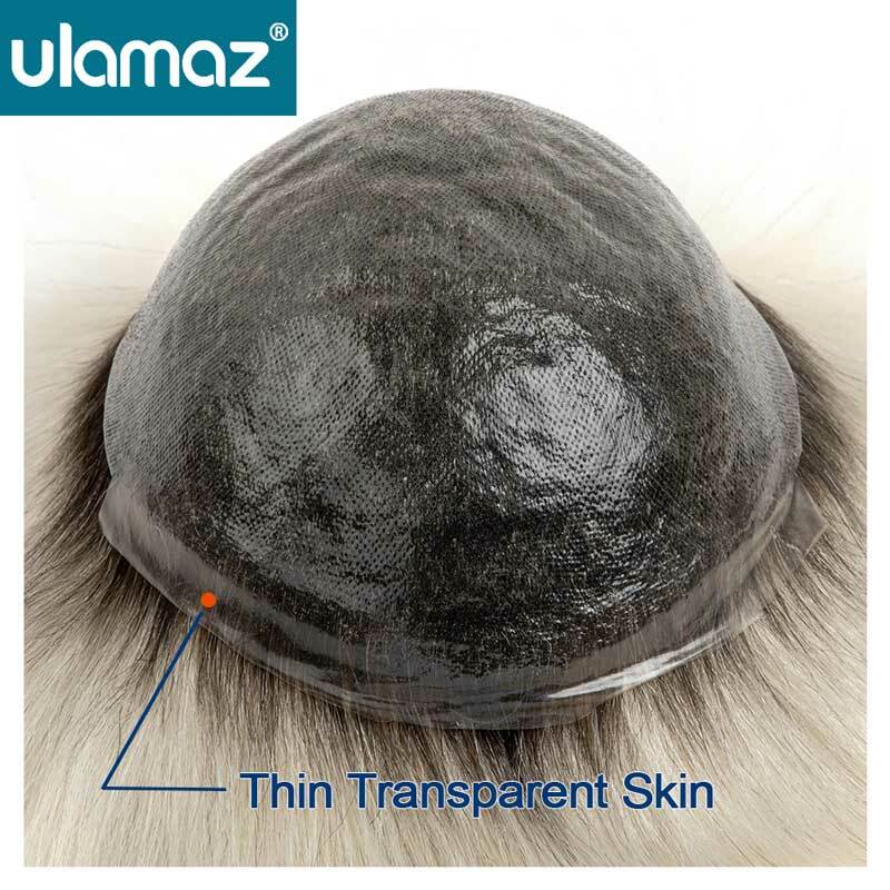 0.08mm Microskin Man Hair Prosthesis Real Human Hair Toupee For Men Ombre Colored Mens Knotted Wigs invisible Hairline Male Wig