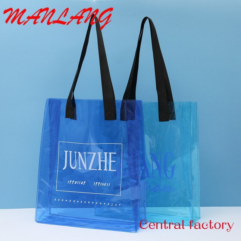 Custom  2022 Fashion Custom Women Travel Waterproof Beach Bag shopping Bag Transparent PVC Plastic Bag With Black Strap