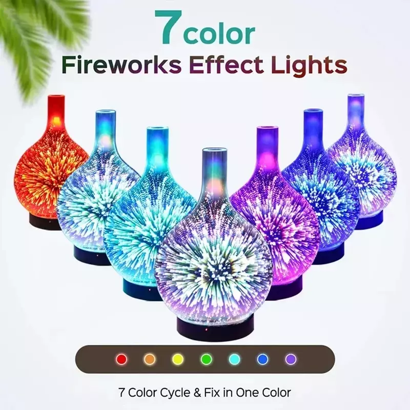 3D Fireworks Air Umidificador, Vidro Máquinas aromáticas, Ultrasonic Essencial Óleo Aroma Difusor, 4 Timing, 7 Luzes LED, 100ml, Casa