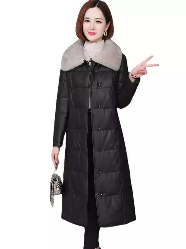 Genuine Leather down Jacket Women's Long Mink Fur Collar Sheepskin Fleece-Lined Thick Leather Coat