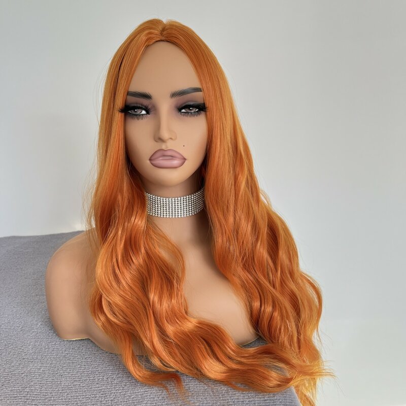 Wig sintetis kepala penuh wanita, rambut Cosplay sintetis tahan panas, Wig kepala penuh, oranye, pakaian sehari-hari panjang