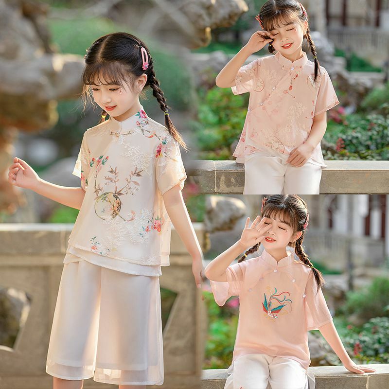 Set Baju Sifon Hanfu Anak Perempuan Antik Blus dan Celana Panjang Anak-anak Pakaian Sehari-hari Kostum