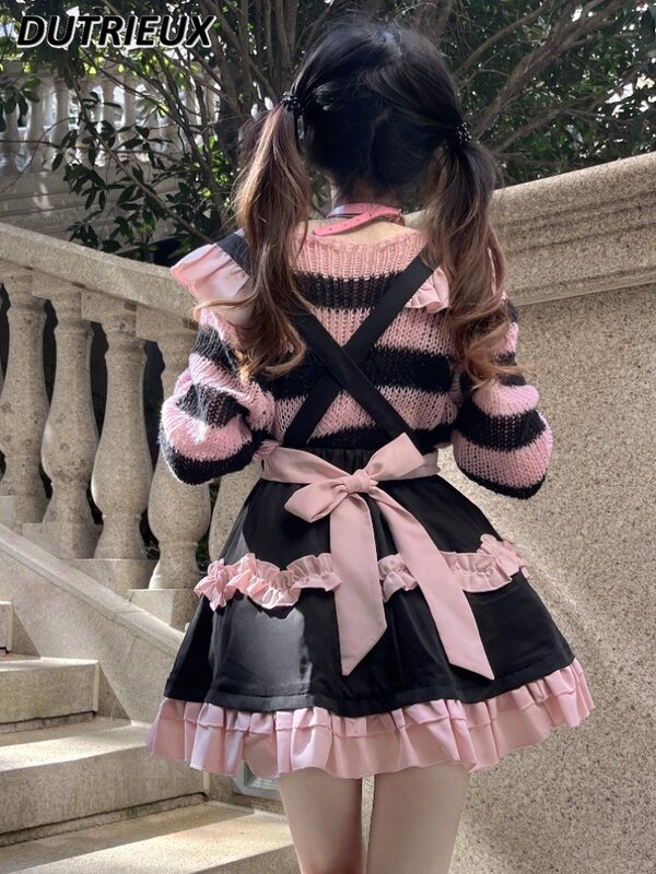 Lolita Kawaii Ruffled Skirts Women's High Waist Suspender Skirt Sets for Women 2024 New Spring Summer Sweater Pleated Skirt Suit