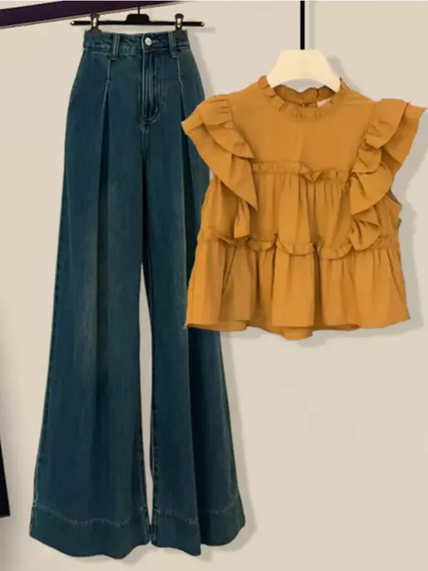 Conjunto de duas peças de top e jeans feminino, estilo suave, casual wear, nova moda coreana, verão, 2024