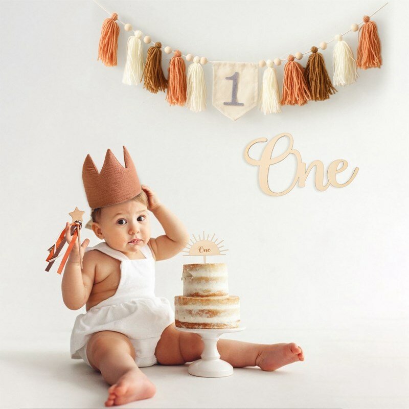 Conjunto de madeira Magic Wand Toy para crianças, chapéu de aniversário do bebê, algodão, coroa macia, decorações de festa, presente recém-nascido, 1 conjunto