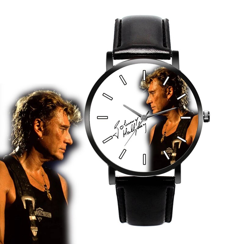 Johnny Hallyday นาฬิกาใหม่ทั้งหมดสีดำหนังควอตซ์ของขวัญแฟน