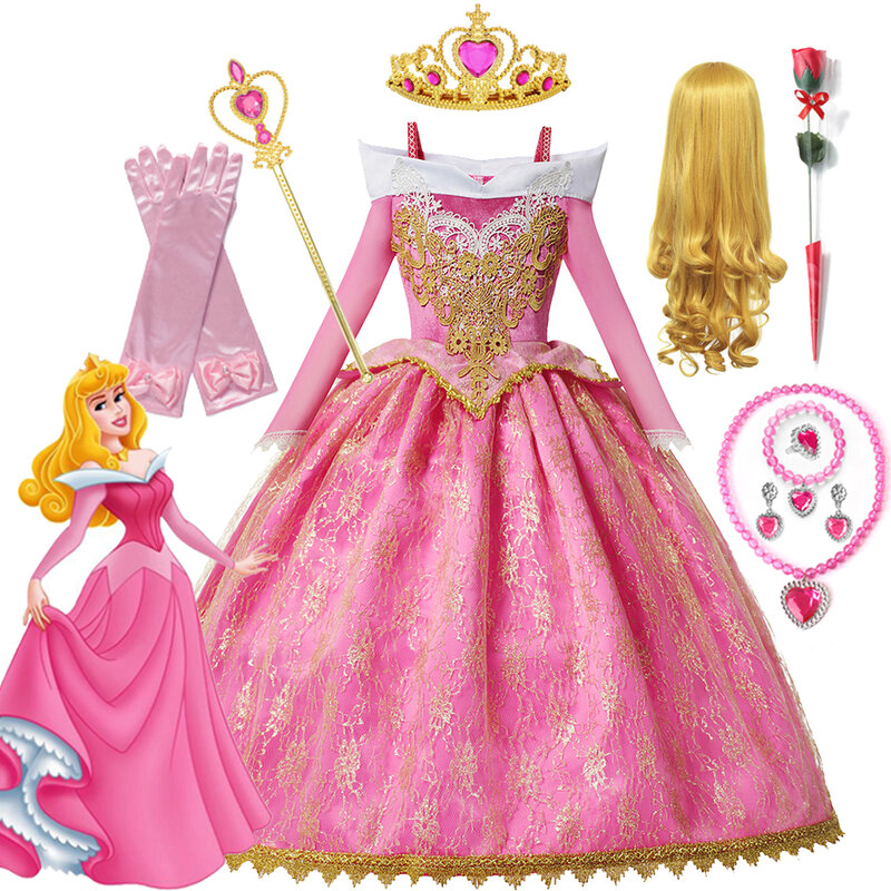Girls Princess Cosplay Sleeping Beauty Aurora Costume Kids Halloween Carnival Birthday Party Pink Luxury Dress Children Clothes