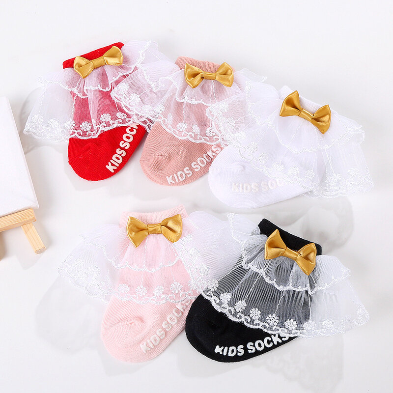 Baby Girls Short Socks Cute Sweet Layered Lace Patchwork with Bow Letters Soft Elastic Breathable Lightweight Non-slip Footwear