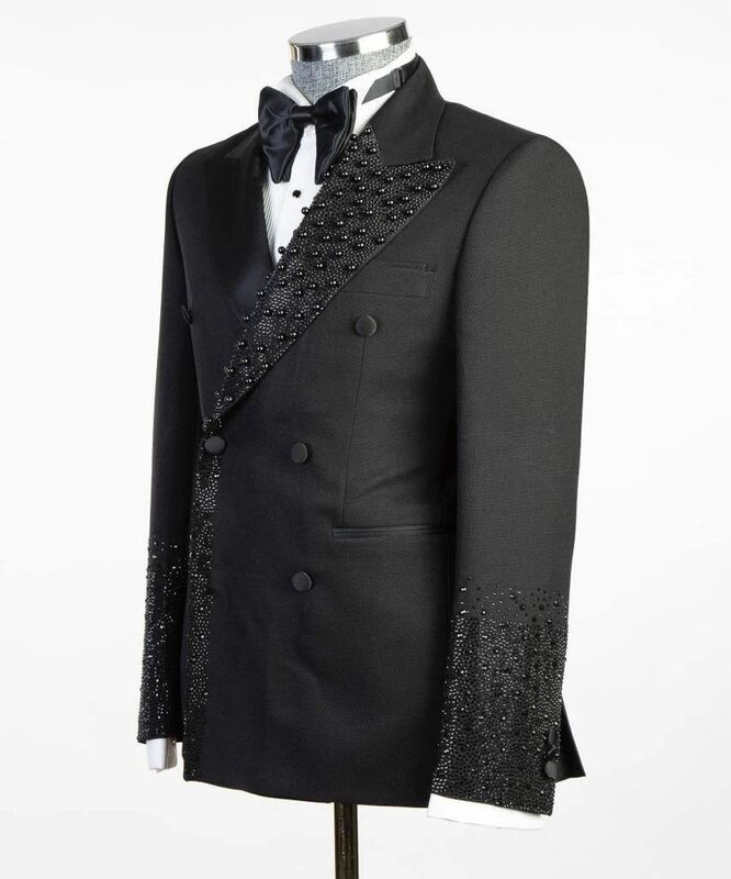 Black Men Suits Set 2 Piece Blazer+Pants Luxury Crystal Beaded Groom Wedding Tuxedo Double Breasted Coat Custom Made Jacket