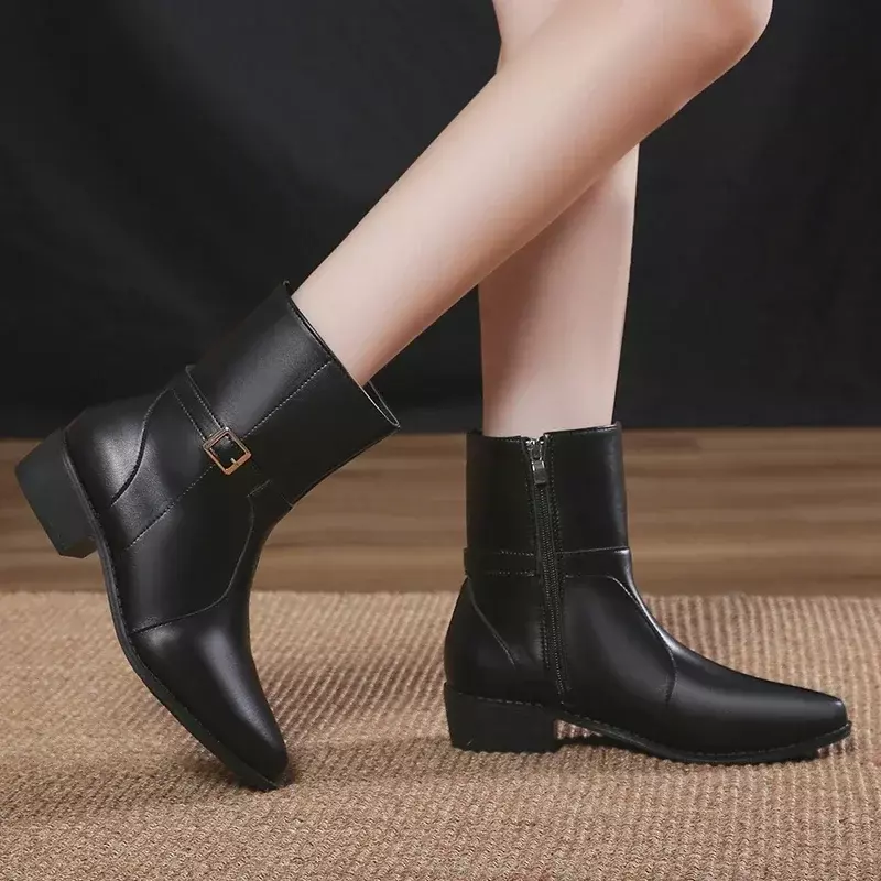 Botas con cremallera lateral para mujer, zapatos de tacón grueso, punta estrecha, color liso, 2023