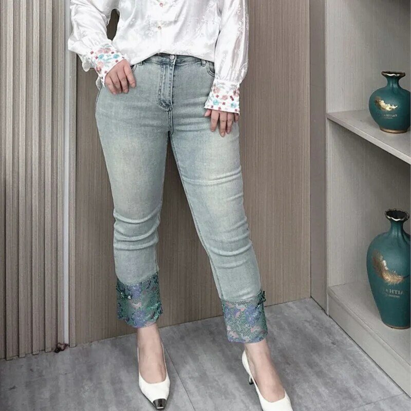 Chinesische gerade Jeans Frauen plus Größe Frühling Sommer hohe Taille elastische Vintage Knoten Knopf Jacquard Nähte schlanke Hose