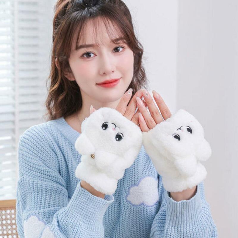 Fashion Women Plush Warm Glove Fur Cartoon Rabbit Cat Mittens Flip Fingerless Gloves Thick Flexible Half Finger Winter Gloves
