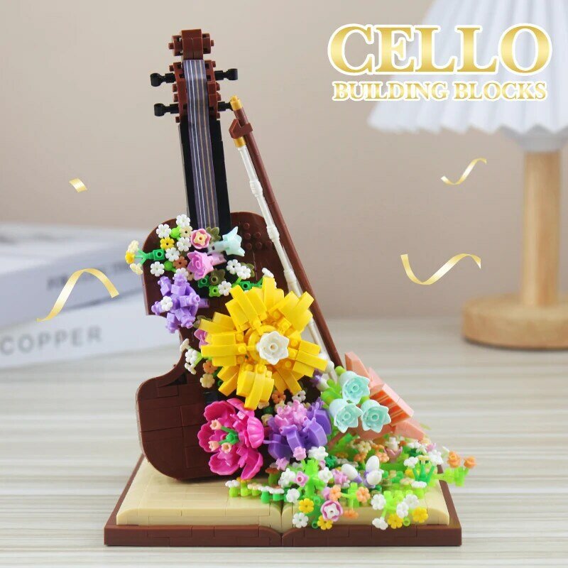 Blok bangunan biola mainan bunga abadi dekorasi DIY Model bunga alat musik balok bangunan hadiah kreatif