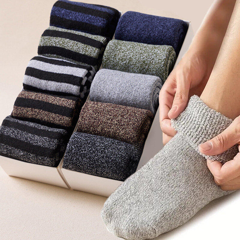 Meias Merino de lã super grossa para homens, meias de toalha térmica, meias esportivas quentes, meias de algodão masculino, botas de neve fria, inverno, 5 pares