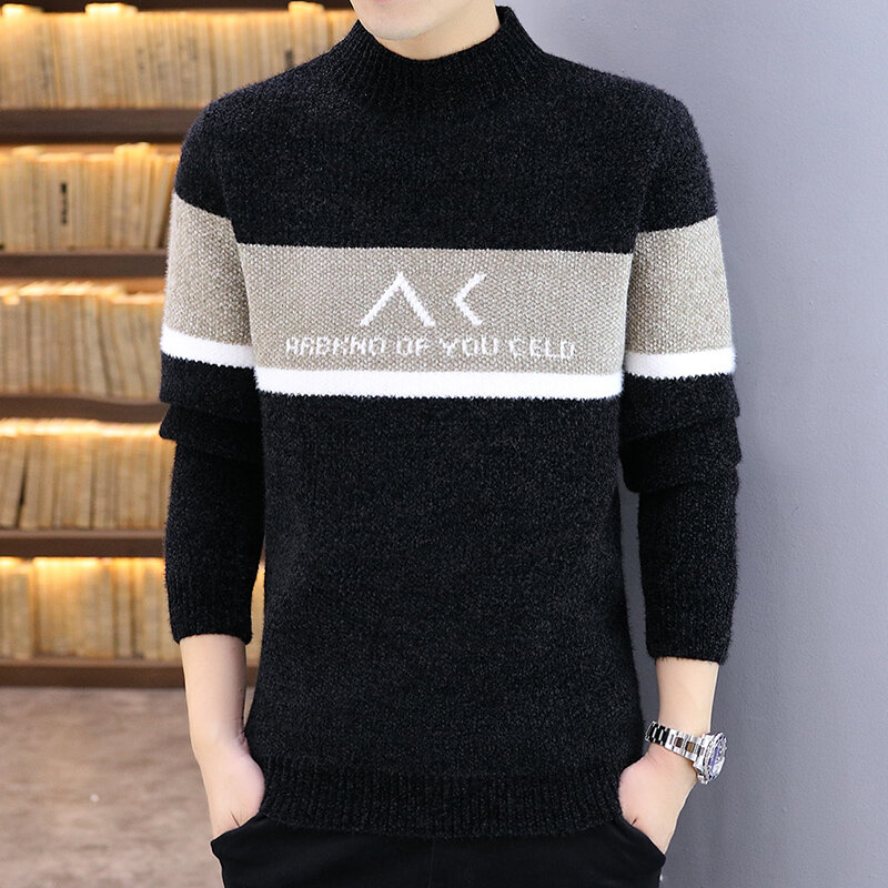 Keluaran Baru Sweater Pria Fashion Kerah Bundar Motif Huruf Alfabet Lengan Panjang Warna Campuran Slim Fit Pullover Gaya Korea