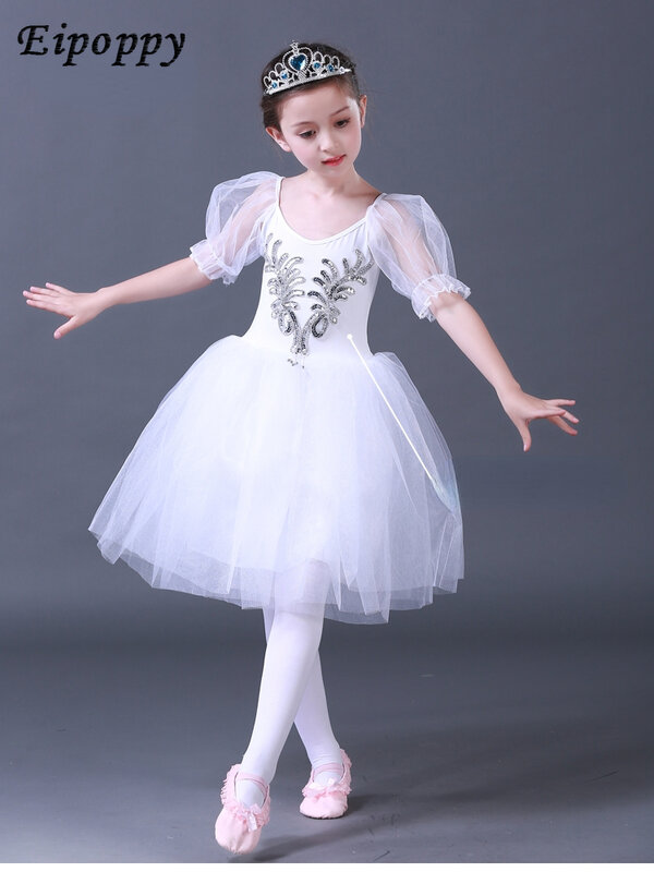 Vestido de princesa cisne infantil, saia de balé, vestido branco gauzy para meninas, moda, novo traje, anjo