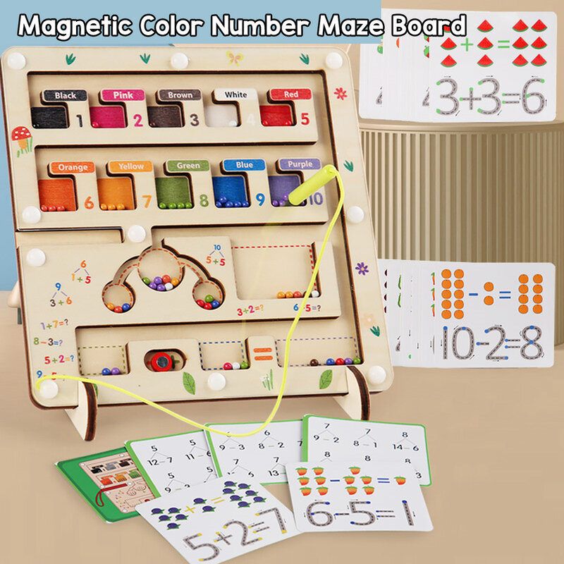 Wooden Counting Matching Board Magnetic Color Number Maze Toy 65pcs Balls Arithmetic Educational Toy For Kids