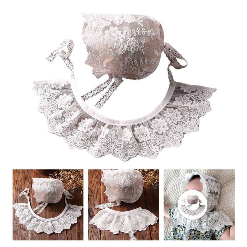 Baby Photo Clothes Lace Flower Beanie & Neck Collar Shawl Newborn Costume Photo Props Hat Neckwear Skin-Friendly DropShipping