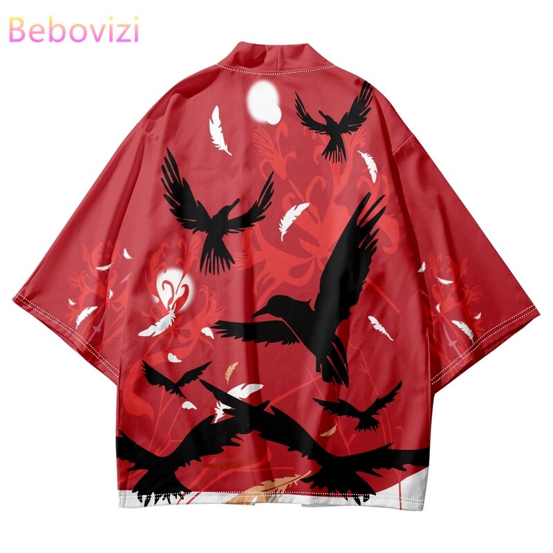 Kaus Cosplay kardigan Kimono merah motif Gagak gaya Jepang kaus Cosplay pria wanita 2023 atasan tradisional Haori pantai