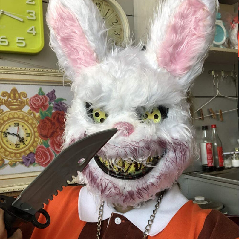 Cosplay Creepy Rabbit Bloody Killer Mask Bunny Costume for Halloween Scary Glow Head Cover Wolf Panda Headdress Masquerade Prop
