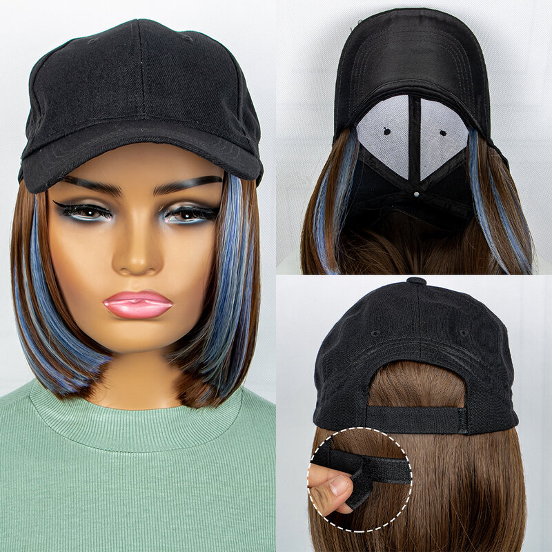 8 Inch Staight Wig With Baseball Cap Synthetic  Hair Extension Cap Wig For Women
