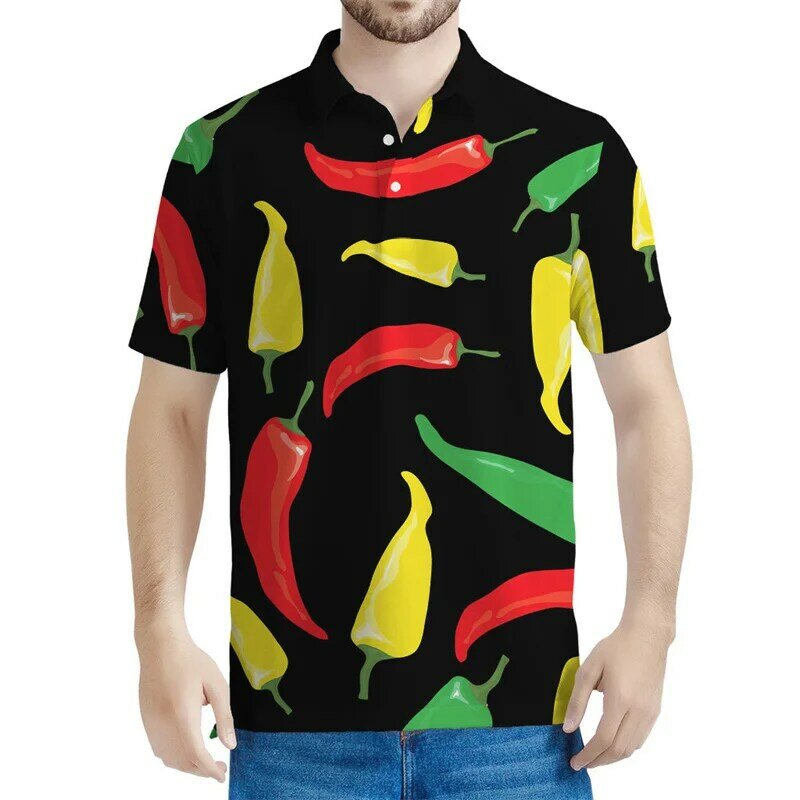 เสื้อโปโลลายพริกไทยหลากสีสำหรับผู้ชาย, เสื้อยืดพริกพิมพ์ลาย3D เสื้อเสื้อทรงหลวมลำลอง lengan pendek musim panas
