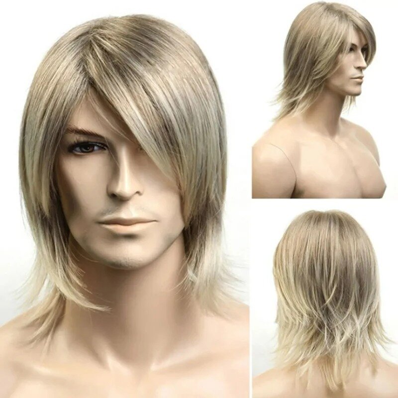 Long Omber Blonde Straight Wig Synthetic Wig With Side Part Bangs Heat Resistant Fiber For Men Daily Party Cosplay Use