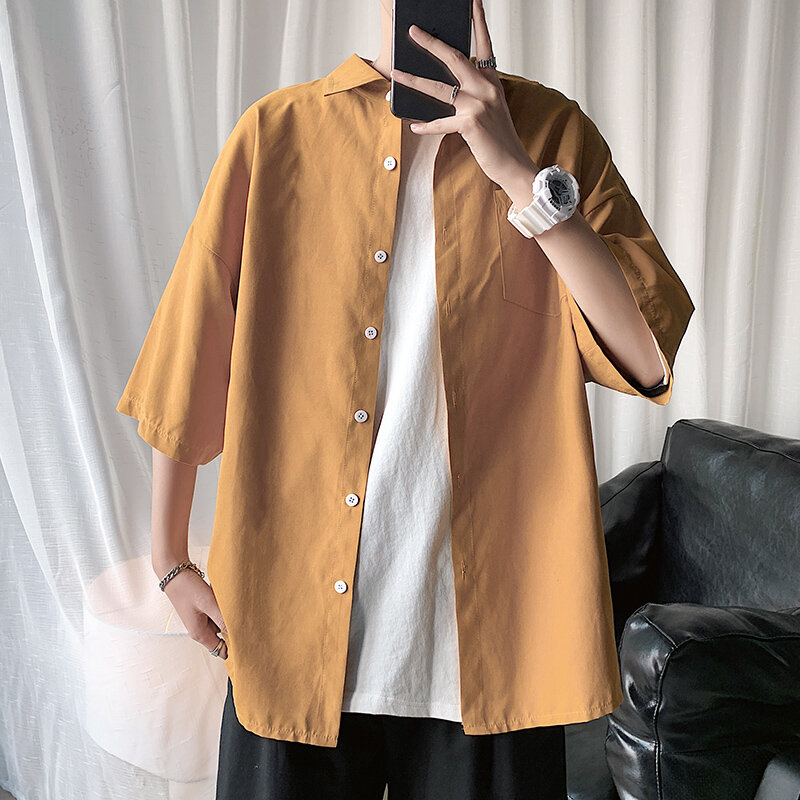 2023 Summer Men Half-Sleeved Shirt Men Solid Color Fashion Office Shirts Male Casual Loose Button Pocket Shirt Men Clothing