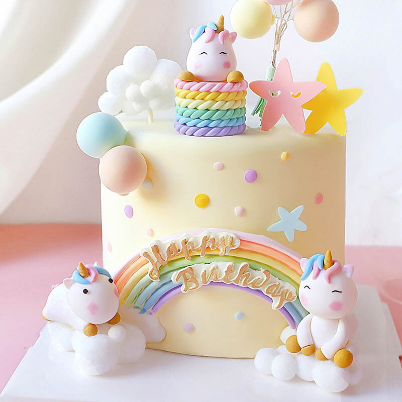 레인보우 유니콘 소녀 생일 축하 케이크 토퍼 풍선 아이 파티 케이크 장식 파티 장식, 사랑스러운 선물