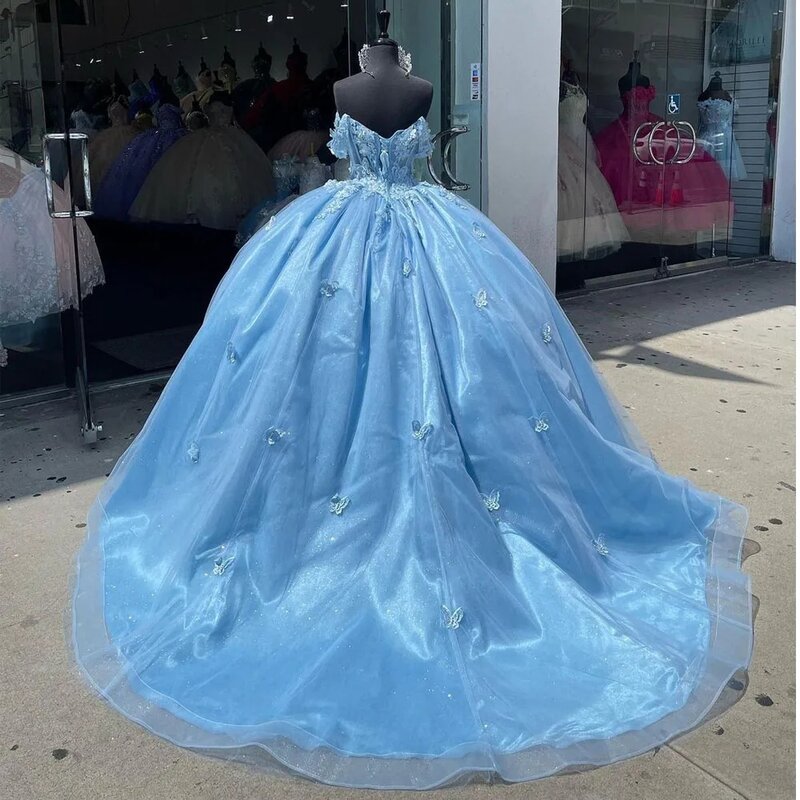 ชุดเดรสเจ้าหญิงสีฟ้าสำหรับชุดไปงานเต้นรำเปิดไหล่ผ้าทูลล์ตัดเย็บแบบหวาน16ชุดเดรส15 años เม็กซิกัน