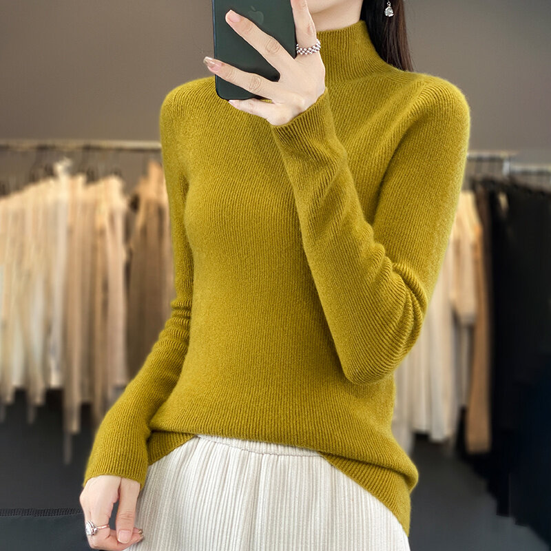 100% Merino Wool Sweater Women's Warm Autumn Winter Half high Long Sleeved Solid Color Pullover Slim fit Jumper Basic Knit Top