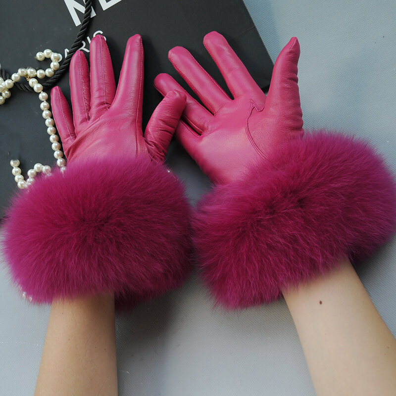 Real Sheepskin Fox Fur Gloves Women's Genuine Leather Glove Winter Warm Fashion Style Natural Fluffy Fox Fur Oversized Customize