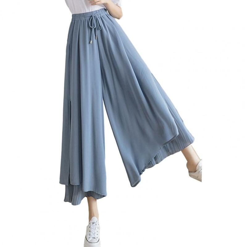 Calça plissada de perna larga elástica feminina, bainha irregular, calça coreana, verão, cintura alta, saia de rua