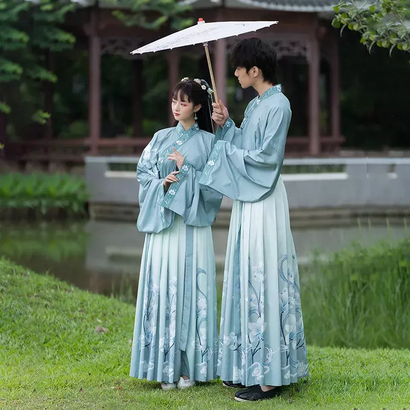Originele Weijin Dynastie Paar Hanfu Jurk Blauw Borduurwerk Gradiënt Hanfu Jurk Volwassen Carnaval Kostuum Voor Mannen Vrouwen Plus Size
