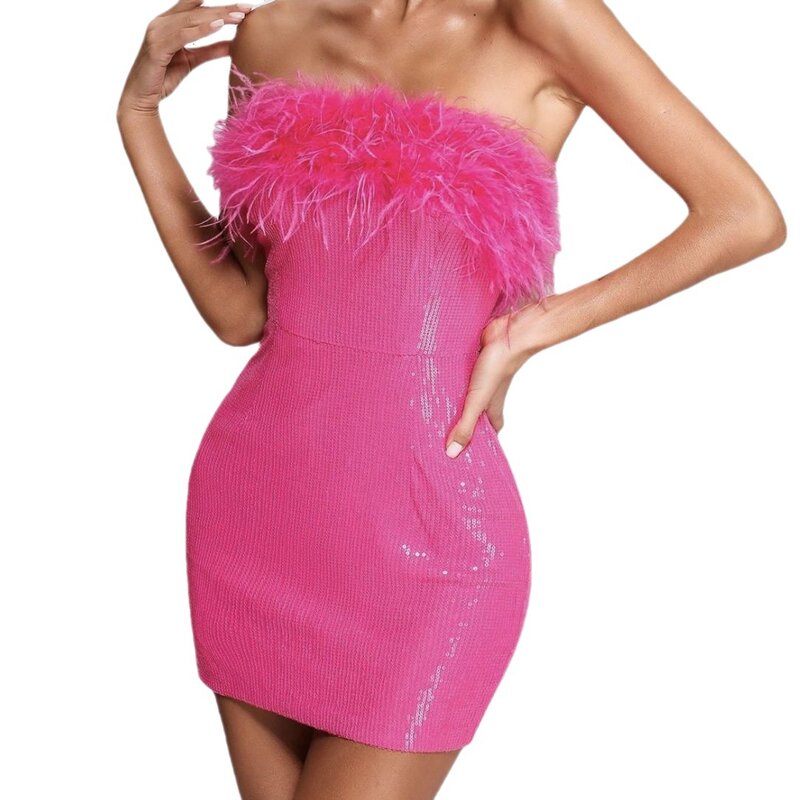 Fashion Feather Sequins Mini Bodycon Party Dress Women Sexy Strapless Dresses for Special Events Lady Nightclub Prom Short Gowns