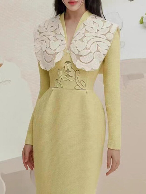Женское твидовое платье с вышивкой DEAT, элегантное вечернее платье составного кроя с высокой талией и V-образным вырезом, весна 2024