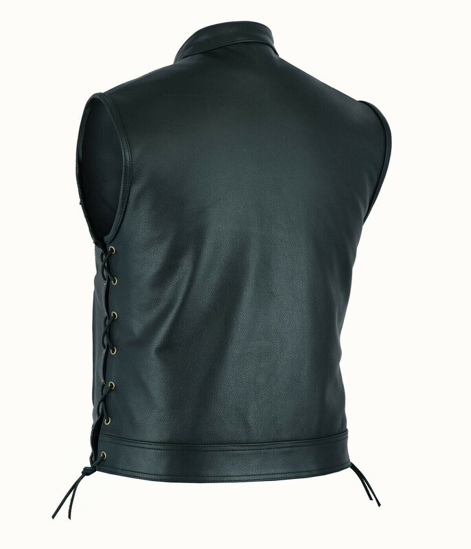 Colete de couro masculino com bolsos de carga, colete motociclista com cadarços laterais, tops pretos, moda
