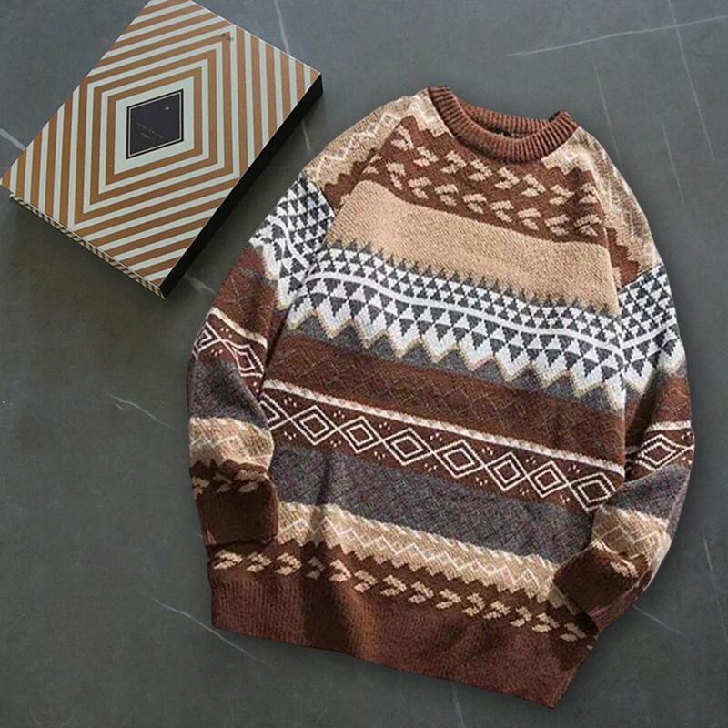 Dzianinowy sweter w paski w stylu Vintage sweter męski sweter codzienny męski sweter z okrągłym dekoltem długi rękaw Retro w paski sweter z nadrukiem sweter
