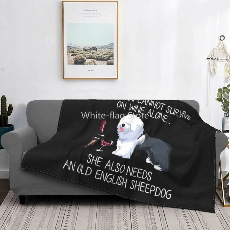 Old English Sheepdog And Wine Funny Dog Blanket Soft Flannel Fleece Warm Pet Puppy Lover Throw Blankets for Office Bedroom Quilt