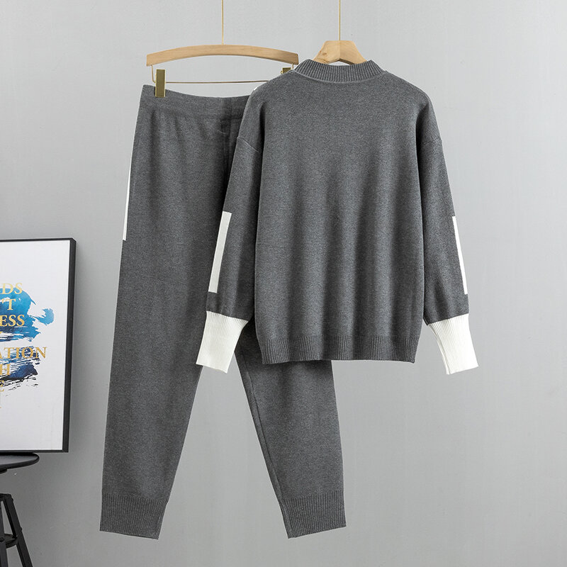 Setelan Sweater rajut lengan panjang wanita, atasan dan CELANA rajutan pullover tambal sulam kasual modis musim gugur 2 potong 2023