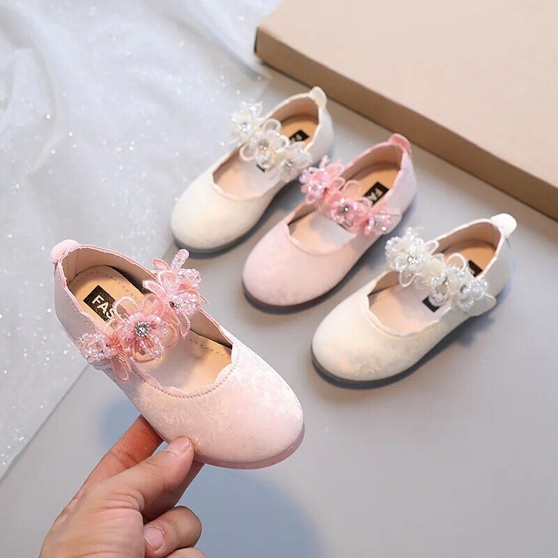 Girls Sweet Leather Shoes Kids Korean Fashion Shiny Rhinestone Princess Shoes for Party Wedding Children Cute Flower Dance Shoes
